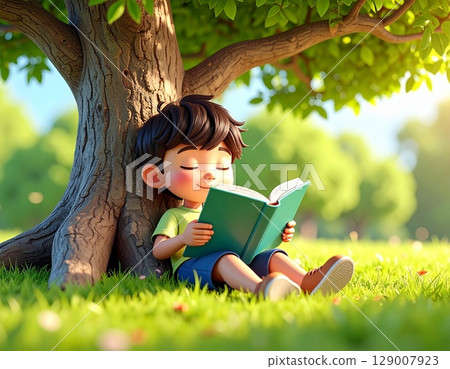 Illustration of a boy napping while reading a book in the shade of a tree 129007923