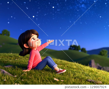 3D illustration of a girl looking up at the starry sky and pointing 3D illustration of a girl looking up at the starry sky and pointing 129007924