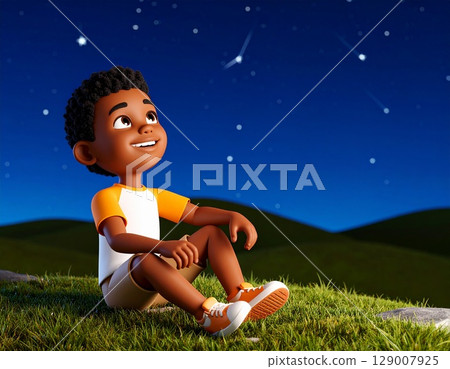 3D illustration of a boy looking up at a shooting star under the starry sky 129007925