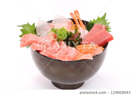 海鮮蓋飯、蓋飯、鮪魚、蝦子、鮭魚 129008041