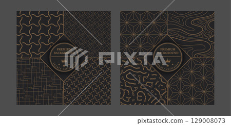 A set of gold abstract patterns on a black background. Template for packaging design, cover, invitation, banner and creative idea 129008073
