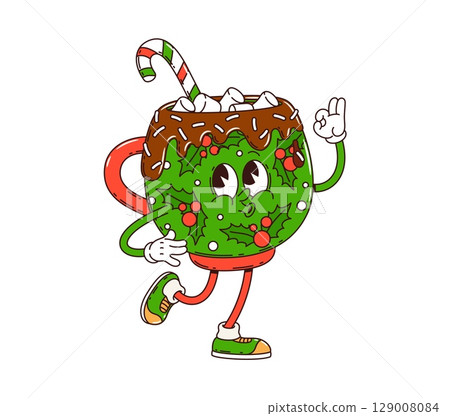 Christmas hot chocolate drink groovy character. Christmas celebration sweet beverage groovy cheerful personage. Happy New Year dessert drink mug with marshmallows and candy cane vector funny character Christmas hot chocolate drink groovy character. Christmas celebration sweet beverage groovy cheerful personage. Happy New Year dessert drink mug with marshmallows and candy cane vector funny character 129008084