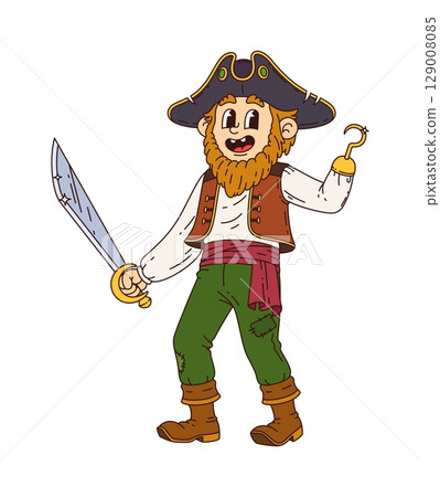 Cartoon groovy pirate or corsair character with hook hand and sword, vector personage. Funny groovy pirate captain or boatswain and skipper man with red beard in tricorne cocked hat with saber Cartoon groovy pirate or corsair character with hook hand and sword, vector personage. Funny groovy pirate captain or boatswain and skipper man with red beard in tricorne cocked hat with saber 129008085