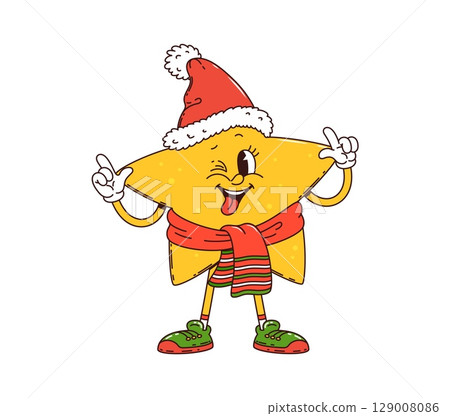 Christmas star decoration groovy cute character. Merry Xmas holiday element 60s 70s cartoon cheerful character. Happy New Year star toy decoration groovy isolated vector funny mascot wearing Santa hat 129008086