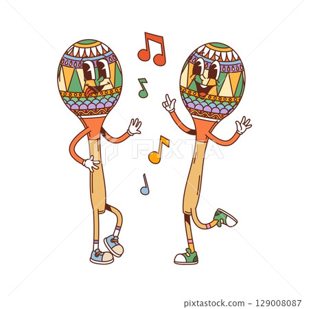 Cartoon groovy sound maracas musical instrument characters with notes. Vector Mexican percussion rattle personages dancing at Fiesta or Cinco de Mayo Latin party celebration exuding retro funky vibes 129008087