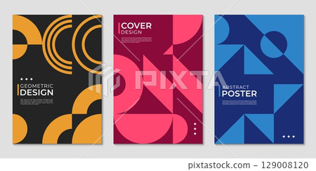 Poster with abstract geometric Bauhaus shapes. Corporate posters or flyers layouts. Business company banner templates with Bauhaus shapes graphic pattern, yellow, pink and blue geometric abstract form 129008120