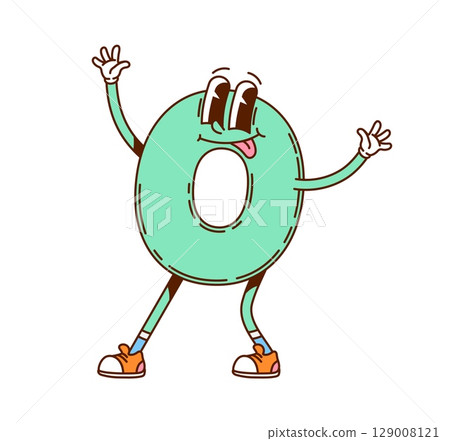 Cartoon groovy math 0 zero number character. Math number cheerful Y2K isolated vector mascot, kid education figure funny groovy character. Child arithmetic symbol cute retro personage Cartoon groovy math 0 zero number character. Math number cheerful Y2K isolated vector mascot, kid education figure funny groovy character. Child arithmetic symbol cute retro personage 129008121