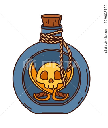 Cartoon groovy pirate potion bottle. Vector mystical elixir glass or clay vial with cork stopper, rope binding and skull emblem, symbolizes danger or deadly poison. Corsair adventure game asset object 129008123
