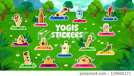 Cartoon mexican cuisine characters on yoga fitness sport, stickers pack. Mexican burrito, guindilla, churro and enchilada, nacho chip, pulque, quesadilla and tamale characters on yoga vector stickers Cartoon mexican cuisine characters on yoga fitness sport, stickers pack. Mexican burrito, guindilla, churro and enchilada, nacho chip, pulque, quesadilla and tamale characters on yoga vector stickers 129008171