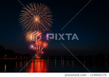 Summer fireworks festival and river night view | Horizontal photo with white space 129008178