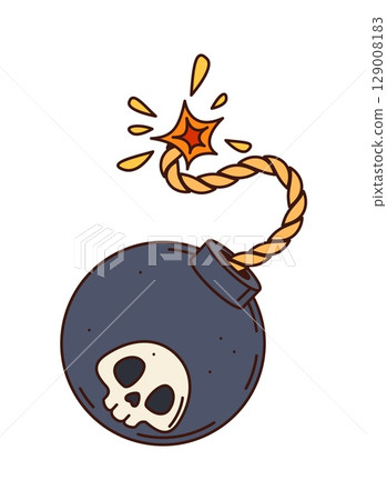 Cartoon groovy bomb with a skull emblem, lit fuse and sparks. Isolated vector retro spherical bomb ready for detonation and powerful explosion. Danger weapon, vintage medieval grenade with rope wick Cartoon groovy bomb with a skull emblem, lit fuse and sparks. Isolated vector retro spherical bomb ready for detonation and powerful explosion. Danger weapon, vintage medieval grenade with rope wick 129008183