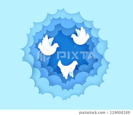 Peace dove and pigeon paper cut birds in clouds vector background. Origami silhouettes of flying white dove birds in 3d round frame of blue cloud sky paper cut layers. World Peace Day card with pigeon 129008189
