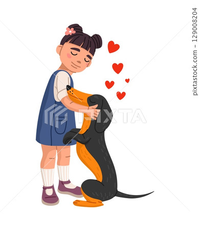 Cartoon girl hugs black and brown dachshund dog. Vector child with closed eyes gently embraces a pet with hearts above. Touching emotional moment of connection, love and trust between kid and animal Cartoon girl hugs black and brown dachshund dog. Vector child with closed eyes gently embraces a pet with hearts above. Touching emotional moment of connection, love and trust between kid and animal 129008204