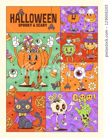 Halloween groovy characters collage poster with cute, spooky and quirky cartoon pumpkin, witch, black cat, eyeball, skeleton, and zombie hand, bursting with candy, flowers, and festive decorations Halloween groovy characters collage poster with cute, spooky and quirky cartoon pumpkin, witch, black cat, eyeball, skeleton, and zombie hand, bursting with candy, flowers, and festive decorations 129008205