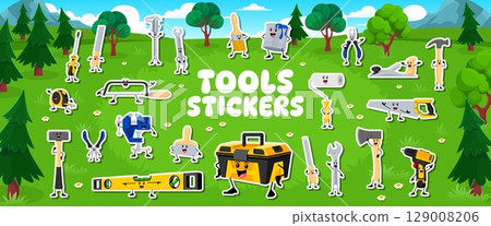 Construction and repair tools characters stickers pack. Measuring tape, level, pliers and hammer, spatula, wrench, screwdriver and vise house repair tools cartoon vector cute personages stickers set 129008206