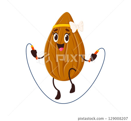 Cartoon funny almond nut girl character with skipping rope. Organic food cheerful mascot, healthy snack isolated vector childish character. Almond nut woman or girl comical personage doing fitness 129008207