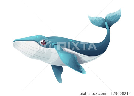 Cartoon blue whale character for sea animal or ocean fish, vector icon. Big blue whale swimming with cute funny face, underwater and undersea happy animals for kids mascot or cartoon character 129008214