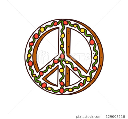 Christmas hippie peace sign cookie groovy dessert. Winter season holidays retro cartoon traditional pastry. Happy New Year sweet isolated vector decoration. Christmas holiday groovy cookie dessert Christmas hippie peace sign cookie groovy dessert. Winter season holidays retro cartoon traditional pastry. Happy New Year sweet isolated vector decoration. Christmas holiday groovy cookie dessert 129008216