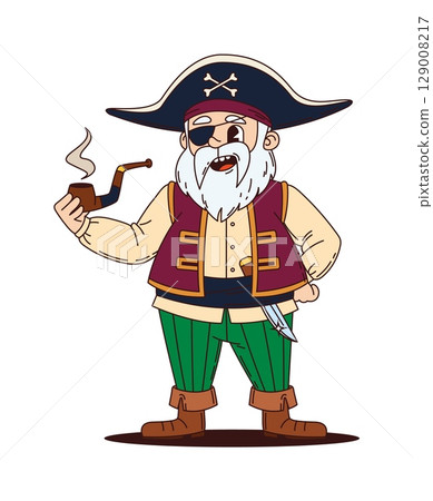 Cartoon pirate and corsair sailor character with smoking pipe. Isolated vector cheerful groovy bearded captain personage in tricorn hat with crossbones and an eyepatch stands confidently and smokes Cartoon pirate and corsair sailor character with smoking pipe. Isolated vector cheerful groovy bearded captain personage in tricorn hat with crossbones and an eyepatch stands confidently and smokes 129008217