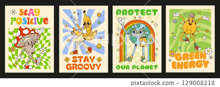Groovy groovie posters with retro cartoon dancing amanita mushroom, hippie banana, earth with rainbow and cheerful lightbulb characters promoting positivity, sustainability and environmental awareness 129008218