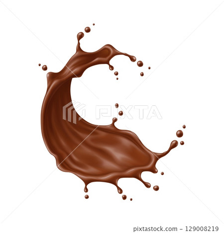 Chocolate drink flow splash and wave. Realistic 3d vector curved dynamic confectionery dessert splashing arcs with scattered droplets, conveying fluid motion and creamy richness with glossy texture 129008219