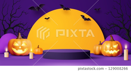 Halloween podium stand with flying bats, pumpkins and dead trees, vector horror holiday. 3d round purple display stand, pedestal and podium with spooky Halloween night pumpkin monsters and candles Halloween podium stand with flying bats, pumpkins and dead trees, vector horror holiday. 3d round purple display stand, pedestal and podium with spooky Halloween night pumpkin monsters and candles 129008266