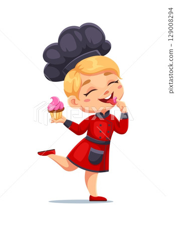 Cartoon girl chef in red uniform and black chef hat happily tasting pink cupcake frosting. Vector kid cook chef, cooking child in toque exuding joy and satisfaction from bakery, dessert or confection Cartoon girl chef in red uniform and black chef hat happily tasting pink cupcake frosting. Vector kid cook chef, cooking child in toque exuding joy and satisfaction from bakery, dessert or confection 129008294