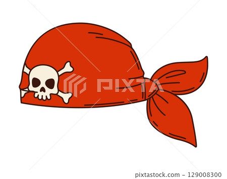 Cartoon groovy red pirate bandana, retro corsair textile headwear with skull and crossbones. Isolated vector sailor head scarf, vintage rover handkerchief, swashbuckling buccaneer filibuster costume 129008300