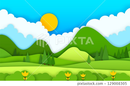 Paper cut mountains landscape. Summer or spring nature panorama, outdoor hike travel scenery or paper cut background with clouds ans sun, mountain peaks, flowers on green meadow and forest trees 129008305