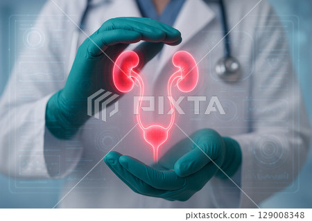 AI generated futuristic medical scene showing doctor hands in green gloves gently holding glowing ureters hologram symbolizing care and advanced healthcare technology 129008348