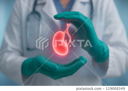 AI generated futuristic medical scene with glowing human gallbladder held gently by doctor hands wearing green gloves symbolizing care protection and advanced diagnosis 129008349