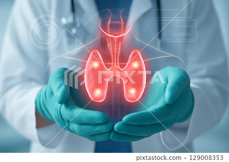 AI generated futuristic medical image showing a healthcare professional holding a glowing parathyroid gland with holographic interfaces. Soft lighting emphasizes a clean and advanced healthcare. 129008353