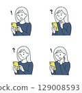 Set of facial expressions of a woman who is surprised or troubled when looking at her smartphone 129008593