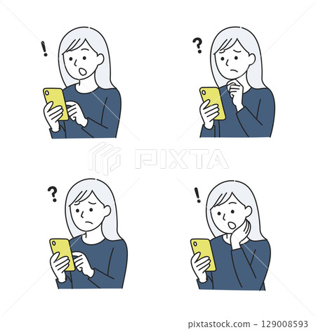 Set of facial expressions of a woman who is surprised or troubled when looking at her smartphone 129008593