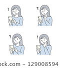 Set of facial expressions of a woman who is surprised or troubled when looking at her smartphone 129008594