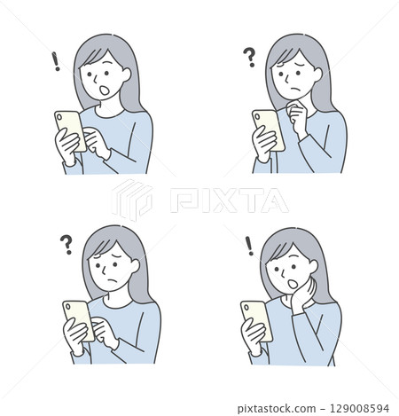 Set of facial expressions of a woman who is surprised or troubled when looking at her smartphone 129008594