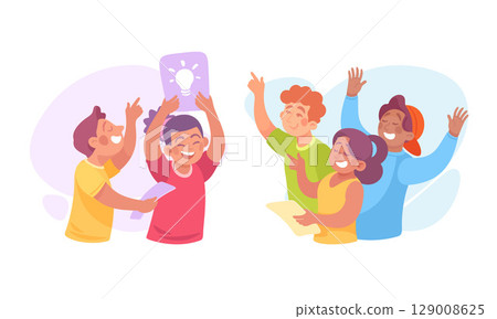 A Joyful Group of Friends Happily Celebrating Together in a Colorful and Lively Atmosphere A Joyful Group of Friends Happily Celebrating Together in a Colorful and Lively Atmosphere 129008625