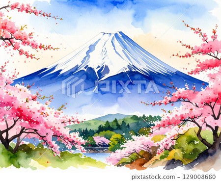 Mt. Fuji generation AI watercolor background 129008680
