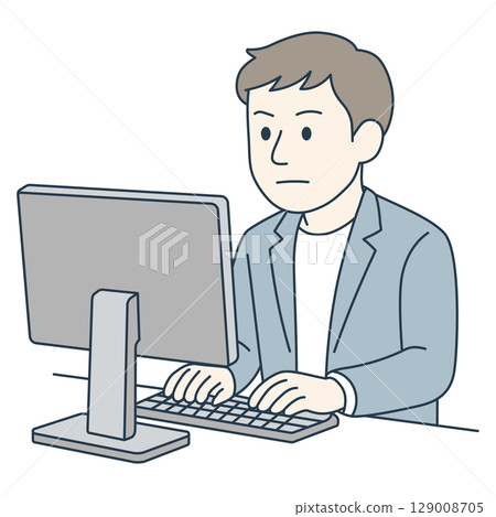 一位年輕人一邊點頭一邊在電腦上工作（藍色西裝，顏色） 129008705