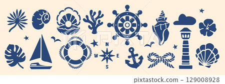 Hand-drawn monochrome logo set featuring classic nautical elements like anchors, ropes, shells, anchors, wheels. Perfect for sailor-inspired projects, maritime branding, or as coastal home decor 129008928