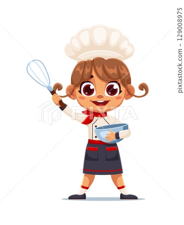 Happy cartoon girl chef in uniform holding a mixing bowl and whisk, showcasing culinary enthusiasm, bakery, cooking and readiness to bake. Vector cute child in toque prepares food, kid cook on kitchen 129008975