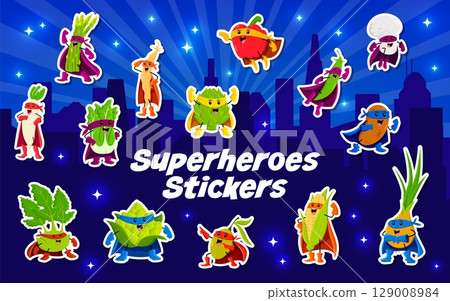 Cartoon superhero vegetable characters stickers pack. Salad, artichoke, bell pepper and pea, mushroom, onion, corn superheros or defenders in mask and cape cartoon vector vector personages stickers 129008984