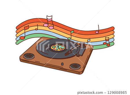Retro hippie vinyl record player groovy object. DJ equipment, disco music isolated vector groovy retro attribute, LP disk turntable cartoon vintage symbol. Vinyl record player, musical melody notes 129008985