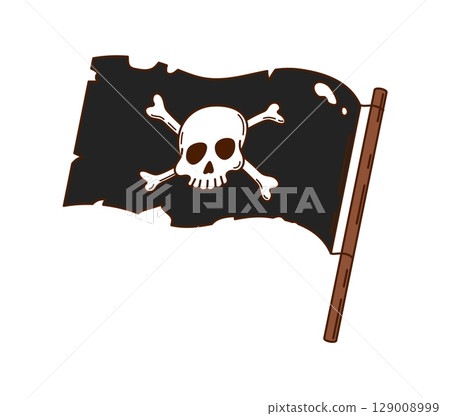 Cartoon groovy corsair or pirate Jolly Roger flag, vector symbol of Caribbean sailors. Groovy pirate flag with skeleton skull and crossbones of Rolly Roger for pirate ship or corsair boat sign Cartoon groovy corsair or pirate Jolly Roger flag, vector symbol of Caribbean sailors. Groovy pirate flag with skeleton skull and crossbones of Rolly Roger for pirate ship or corsair boat sign 129008999