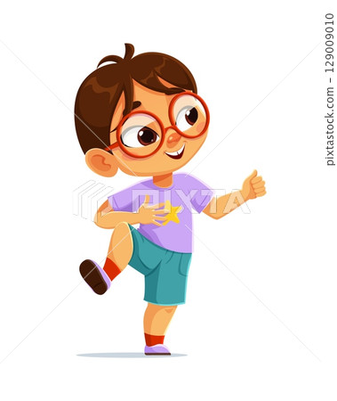 Kid dancing at party with happy face and smile, cartoon vector character. Young boy child or girl in glasses dance and jump at music or birthday party, little dancer laughing with happiness emotion 129009010