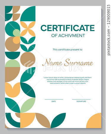 Diploma certificate of appreciation with geometric pattern. Modern achievement document template with abstract shapes in green, mustard and beige, featuring space for recipient name, date, signature 129009015