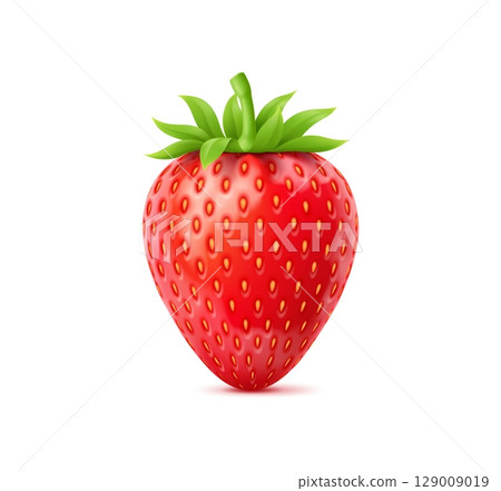 3d realistic raw ripe strawberry berry or fruit. Fresh and ripe farm realistic isolated vector fruit, organic orchard or garden tasty red berry. Summer delicious and juicy whole strawberry with leaves 129009019
