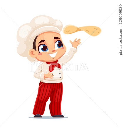 Playful cartoon boy chef tossing pizza dough in the air, dressed in classic white and red chef attire. Kid pizzaiolo in toque and neck scarf cooking or baking in Italian pizzeria or restaurant kitchen Playful cartoon boy chef tossing pizza dough in the air, dressed in classic white and red chef attire. Kid pizzaiolo in toque and neck scarf cooking or baking in Italian pizzeria or restaurant kitchen 129009020