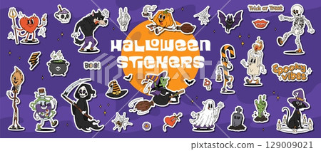 Cartoon groovy Halloween characters stickers pack. Funny psychedelic Halloween holiday pumpkin, witch, ghost and bats vector personages. Retro groovy skeleton, zombie hand, potion, black cat stickers Cartoon groovy Halloween characters stickers pack. Funny psychedelic Halloween holiday pumpkin, witch, ghost and bats vector personages. Retro groovy skeleton, zombie hand, potion, black cat stickers 129009021
