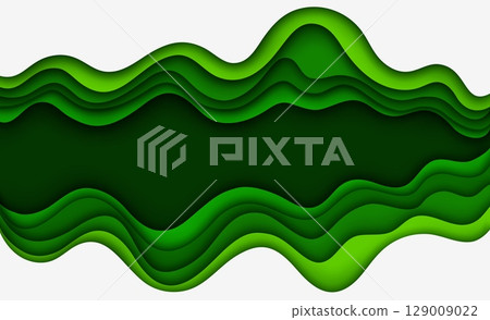 Green paper cut waves. Ecology, nature green environment paper cut vector concept, cutout wallpaper. Green papercut origami waves and gradient curly layers with shadows backdrop or 3d background 129009022